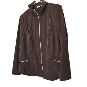 Zenergy By Chicos Brown Ruched Full-Zip Jacket Size 1 Equivalent to a small flaw